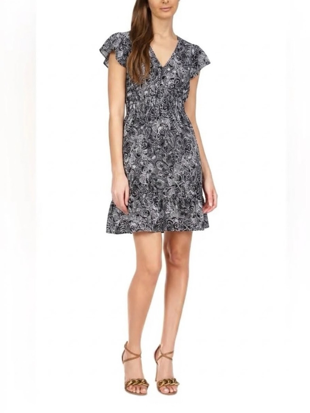 MICHAEL KORS Women's Paisley-Print Flutter-Sleeve Mini Dress Navy/White Size M